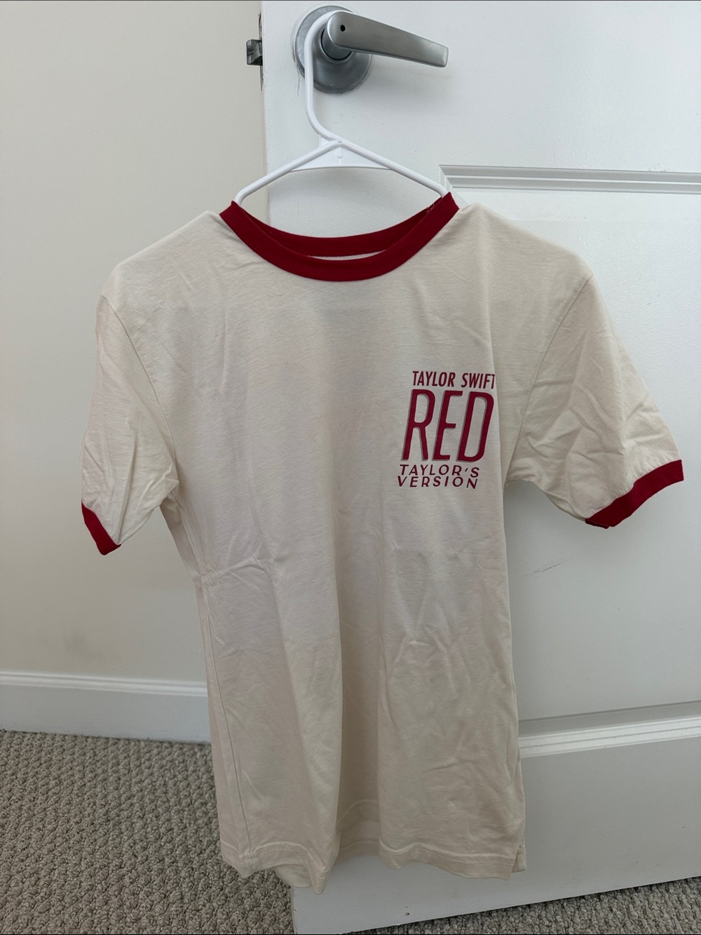 Taylor Swift Cream Tee with Red Trim and RED Chest Graphic
